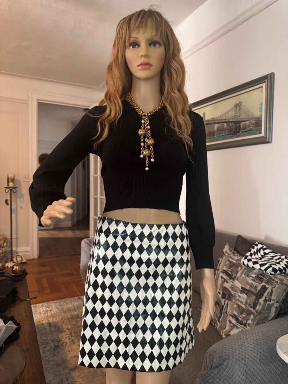 Black & White Diamond-Print A-Line Skirt